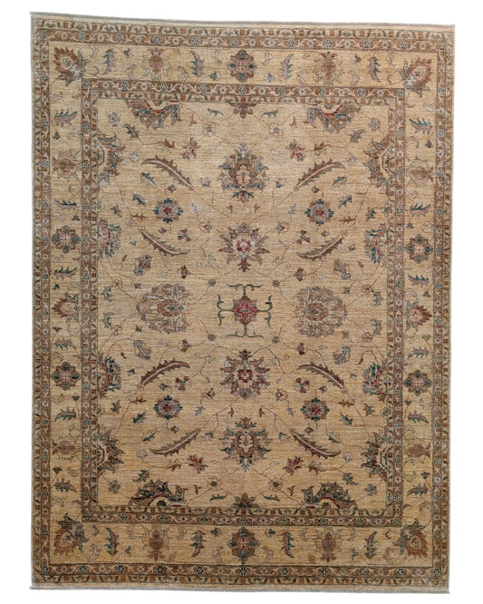 Tappeto Farahan avorio 290x200 cm annodato a mano, con motivi floreali verde, tortora e mattone su fondo chiaro, lana pregiata tinta vegetale, provenienza Afghanistan.