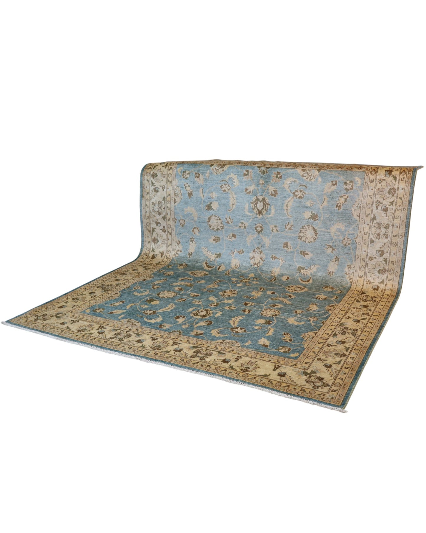 Tappeto Farahan 300x254 cm, annodato a mano in Persia, fondo blu chiaro con motivi floreali beige e marrone, lana pregiata e cotone resistente, certificato di autenticità incluso.