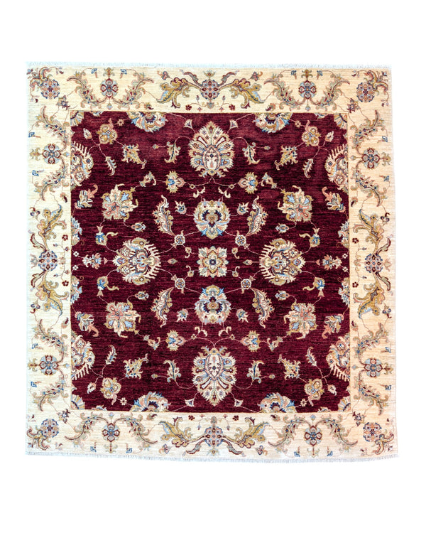 Tappeto Farahan Ziegler in bordeaux con motivo floreale stilizzato, annodato a mano in Afghanistan con cotone e lana pura. Certificato di autenticità incluso.