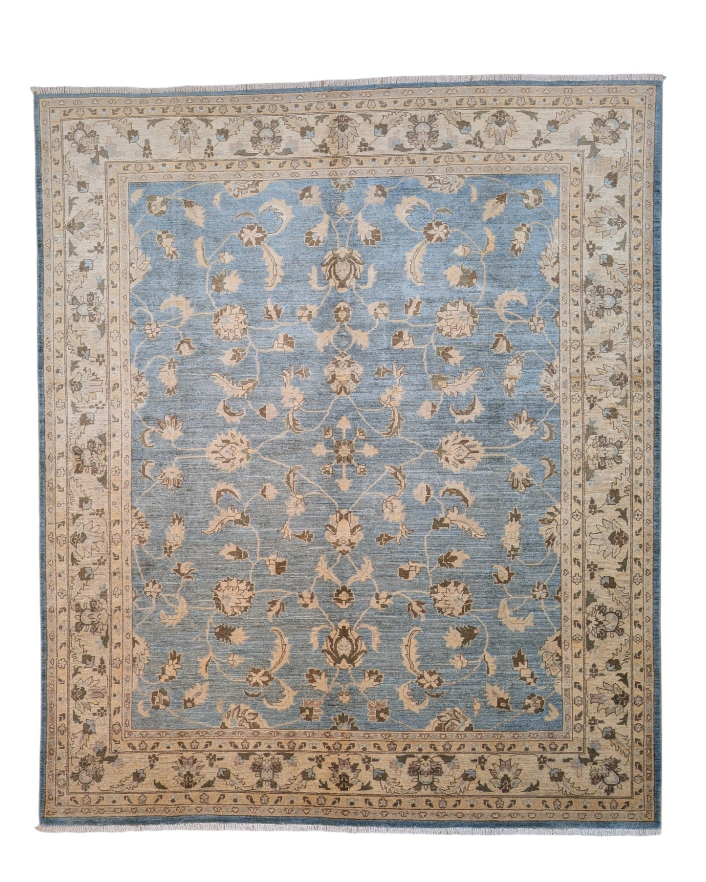 Tappeto Farahan 300x254 cm, annodato a mano in Persia, fondo blu chiaro con motivi floreali beige e marrone, lana pregiata e cotone resistente, certificato di autenticità incluso.