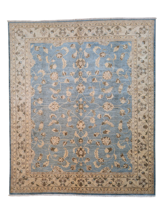 Tappeto Farahan 300x254 cm, annodato a mano in Persia, fondo blu chiaro con motivi floreali beige e marrone, lana pregiata e cotone resistente, certificato di autenticità incluso.