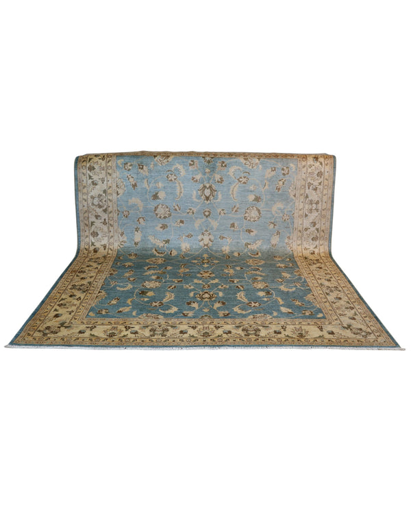 Tappeto Farahan 300x254 cm, annodato a mano in Persia, fondo blu chiaro con motivi floreali beige e marrone, lana pregiata e cotone resistente, certificato di autenticità incluso.
