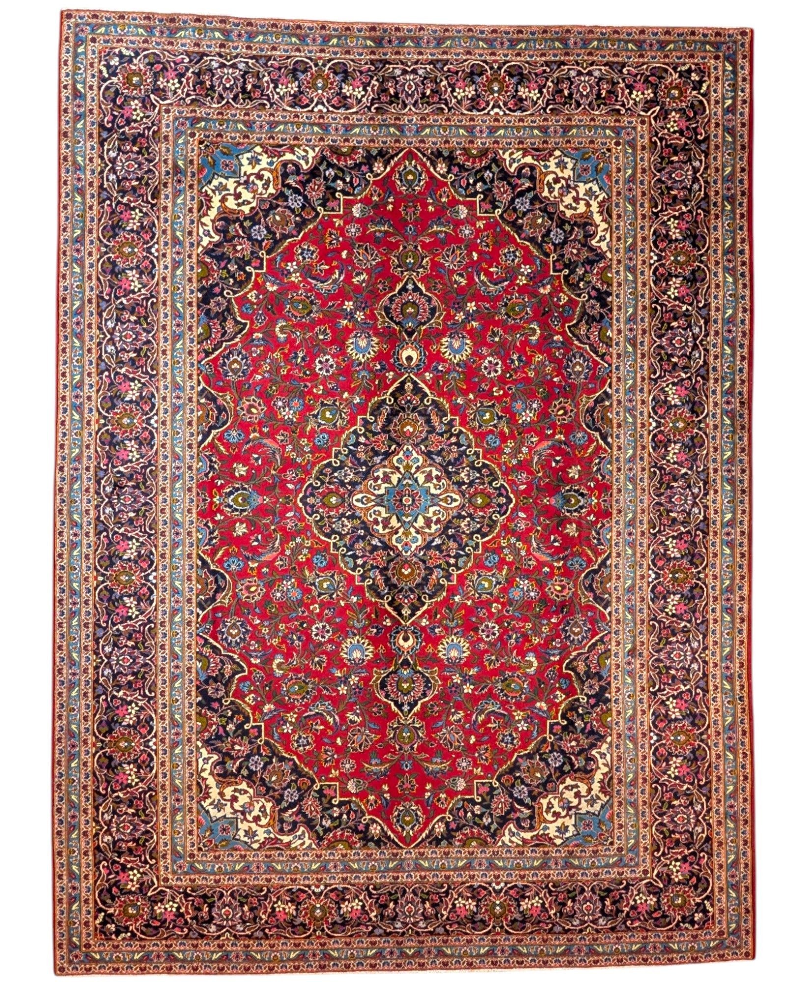 Tappeto persiano Kashan 402x297 cm, fondo rosso con medaglione centrale blu e avorio, annodato a mano in lana vegetale.