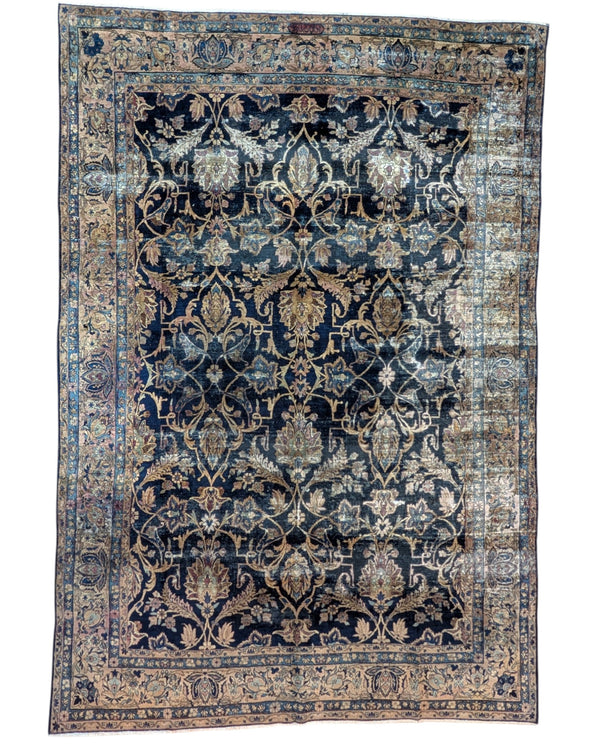 tappeto persiano Kashan annodato a mano 362x247 cm blu notte con motivo floreale a tutto campo