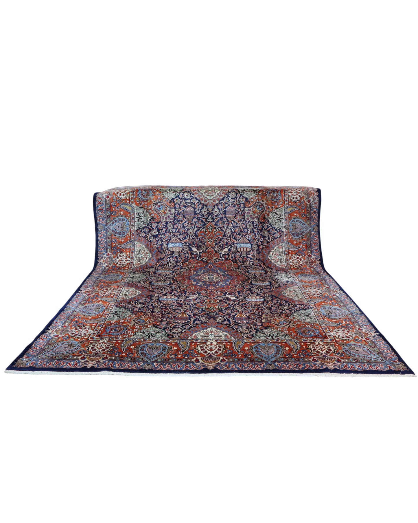 tappeto persiano Kashmar annodato a mano 395x296 cm blu e rosso con medaglione centrale e motivi floreali a boteh