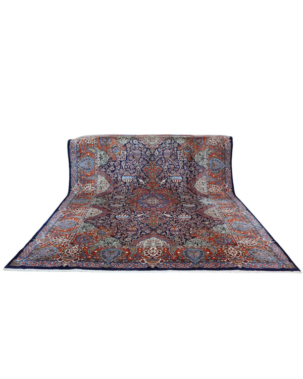 tappeto persiano Kashmar annodato a mano 395x296 cm blu e rosso con medaglione centrale e motivi floreali a boteh