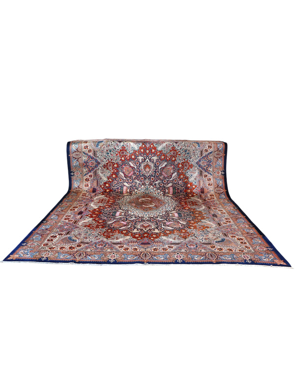 tappeto persiano Kashmar annodato a mano 393x306 cm rosso e azzurro con medaglione centrale e motivi floreali