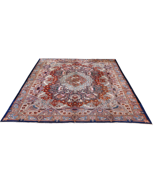 tappeto persiano Kashmar annodato a mano 393x306 cm rosso e azzurro con medaglione centrale e motivi floreali