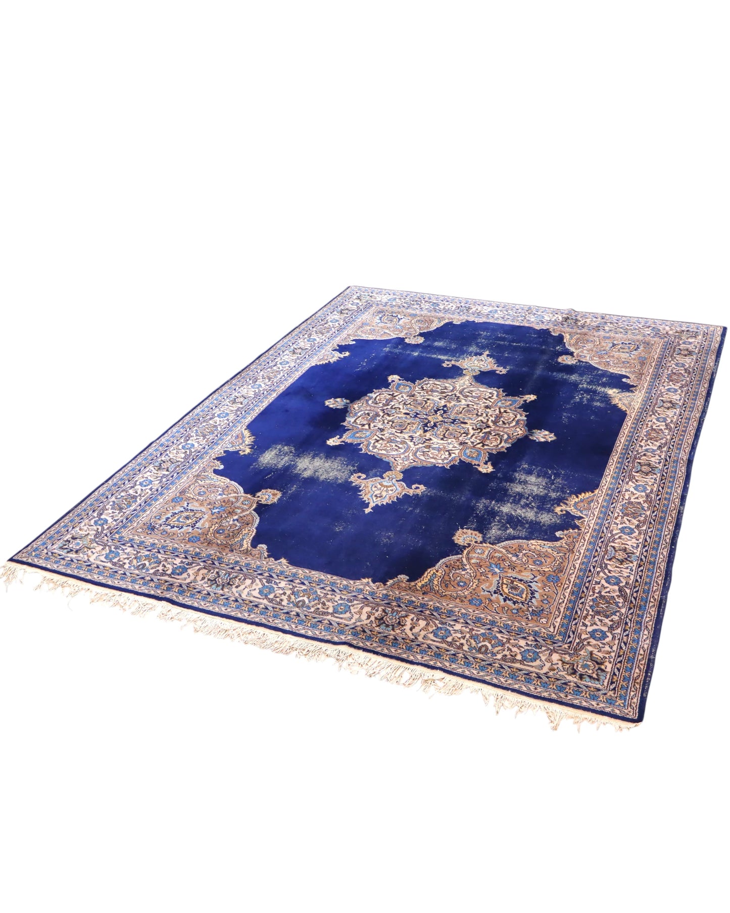 tappeto persiano Kerman annodato a mano 348x254 cm blu zaffiro con medaglione centrale e dettagli floreali