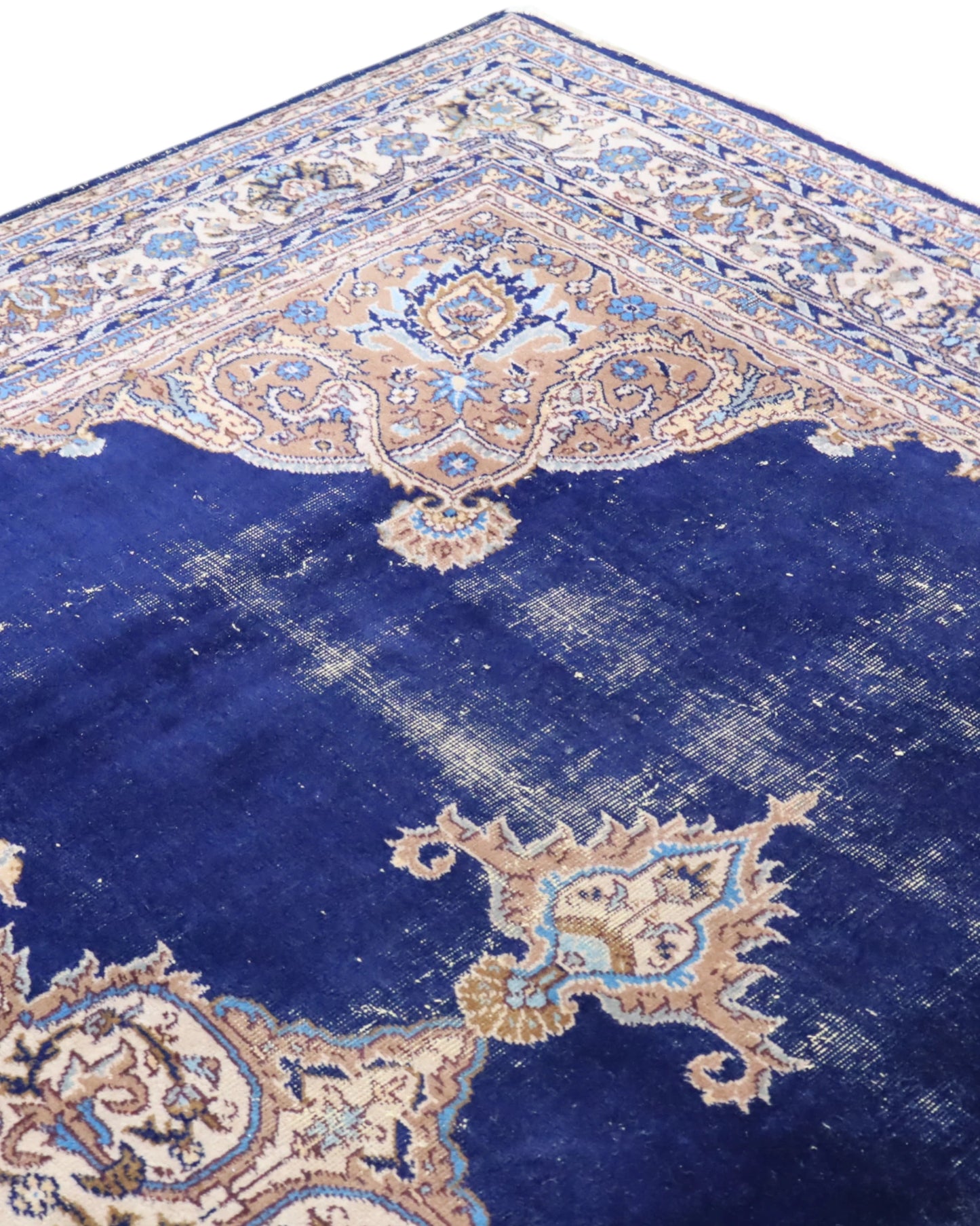 tappeto persiano Kerman annodato a mano 348x254 cm blu zaffiro con medaglione centrale e dettagli floreali