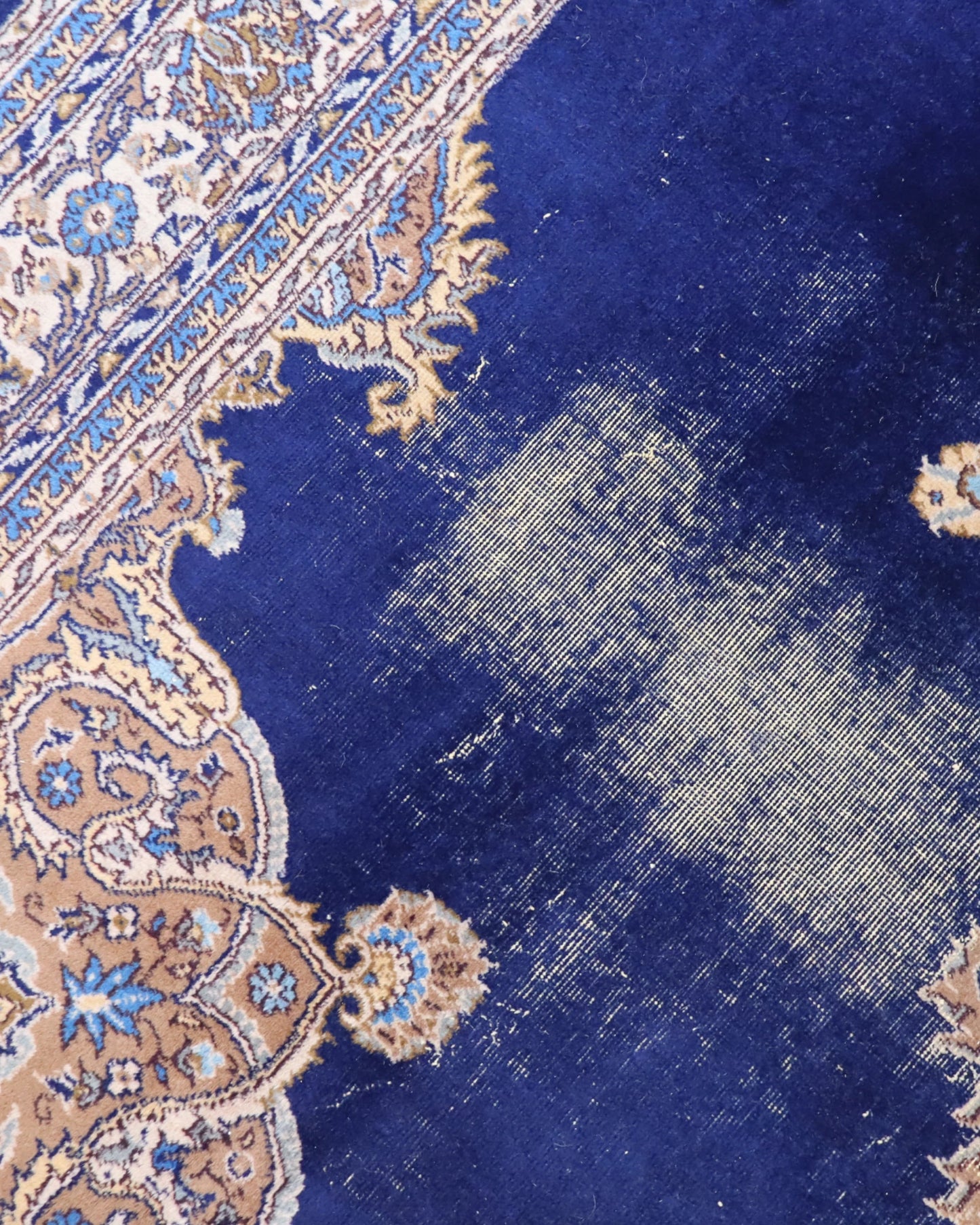 tappeto persiano Kerman annodato a mano 348x254 cm blu zaffiro con medaglione centrale e dettagli floreali