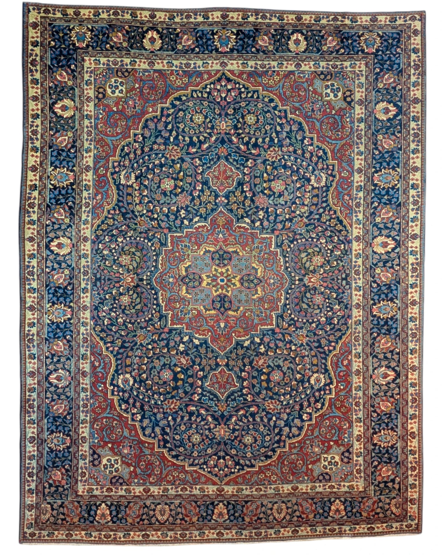 tappeto persiano Khoi annodato a mano 385x283 cm blu e rosso con medaglione centrale e motivi floreali