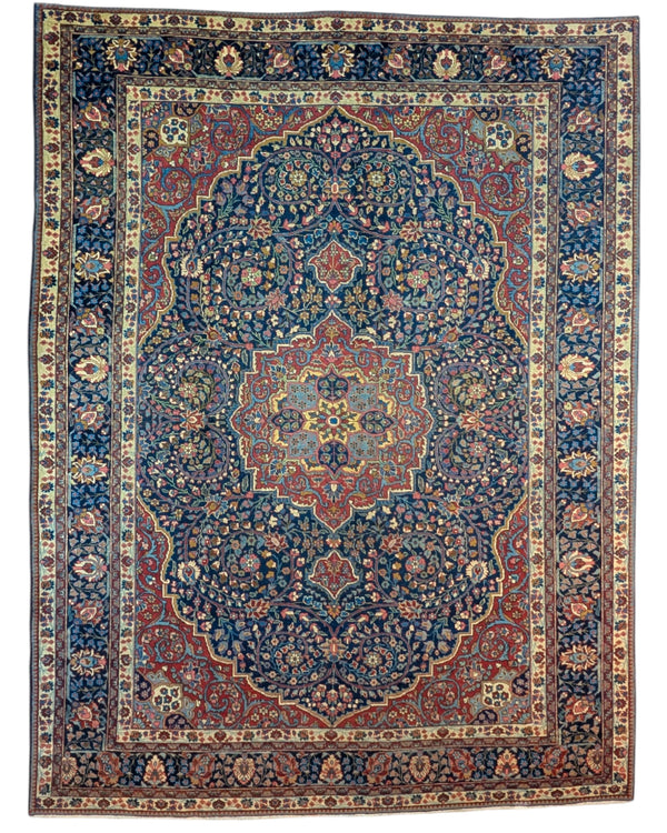 tappeto persiano Khoi annodato a mano 385x283 cm blu e rosso con medaglione centrale e motivi floreali