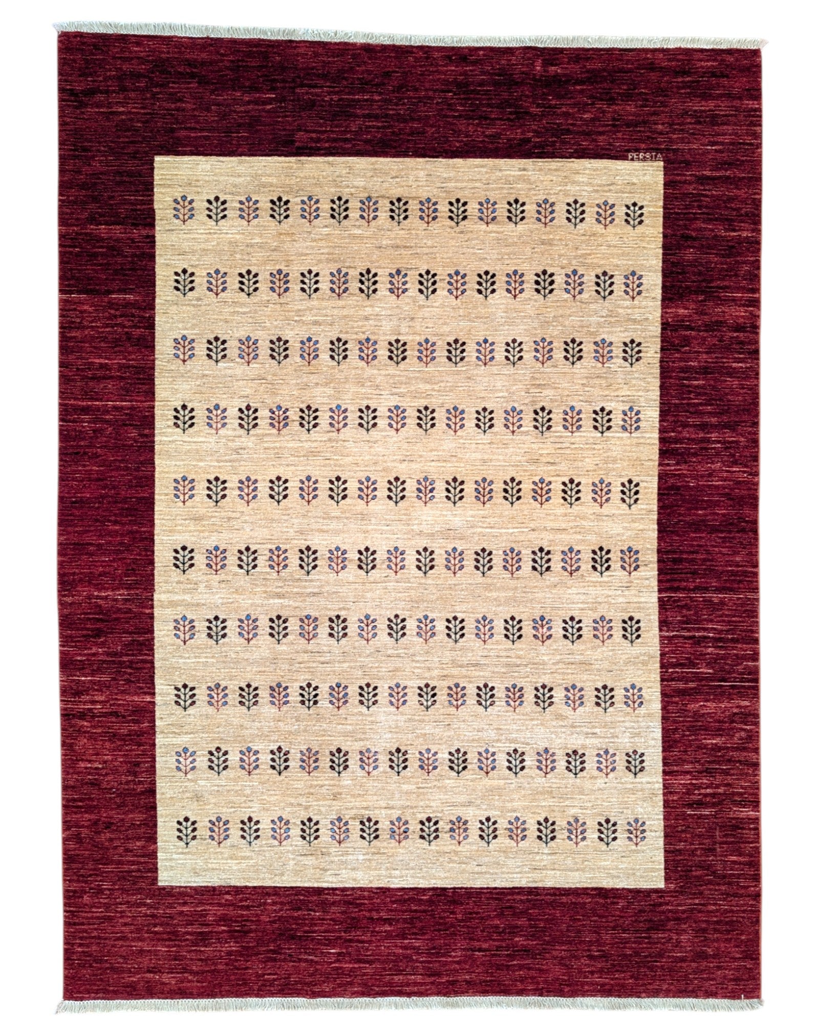 Tappeto moderno "Campo di Grano" 240x280 cm, disegno originale di Darius, spighe stilizzate, campo beige, bordo rosso rubino, annodato a mano, certificato di autenticità incluso.