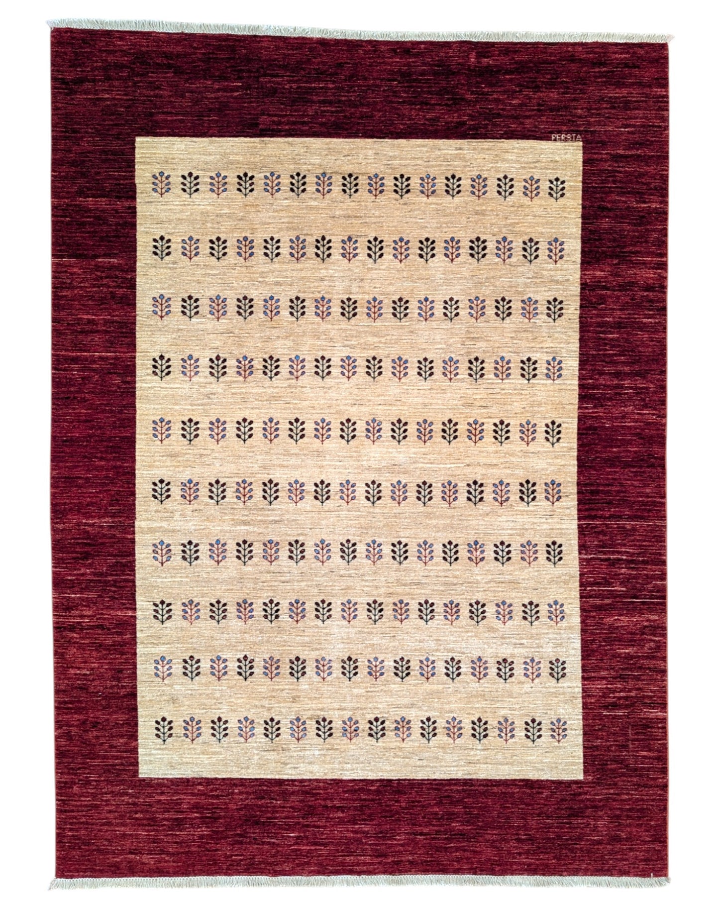 Tappeto moderno "Campo di Grano" 240x280 cm, disegno originale di Darius, spighe stilizzate, campo beige, bordo rosso rubino, annodato a mano, certificato di autenticità incluso.