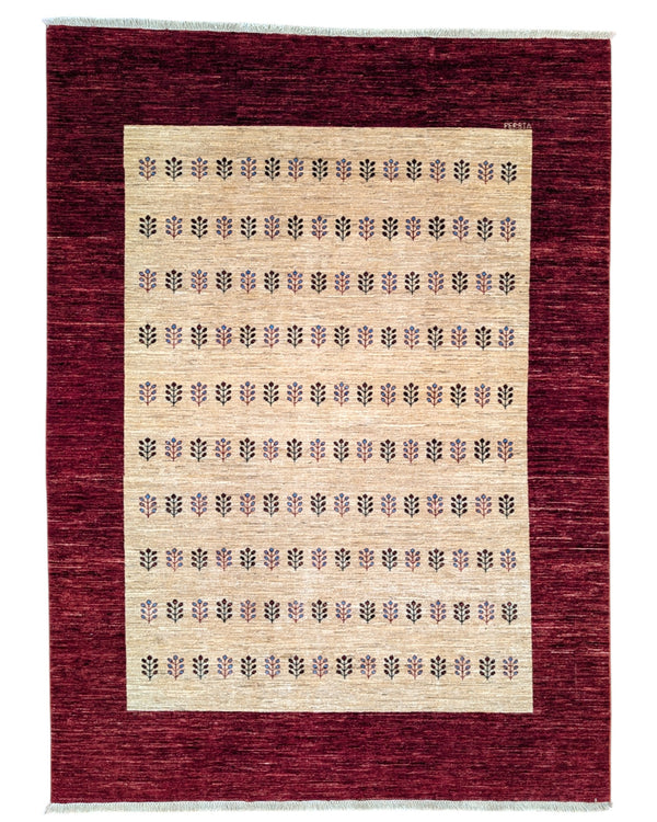 Tappeto moderno "Campo di Grano" 240x280 cm, disegno originale di Darius, spighe stilizzate, campo beige, bordo rosso rubino, annodato a mano, certificato di autenticità incluso.