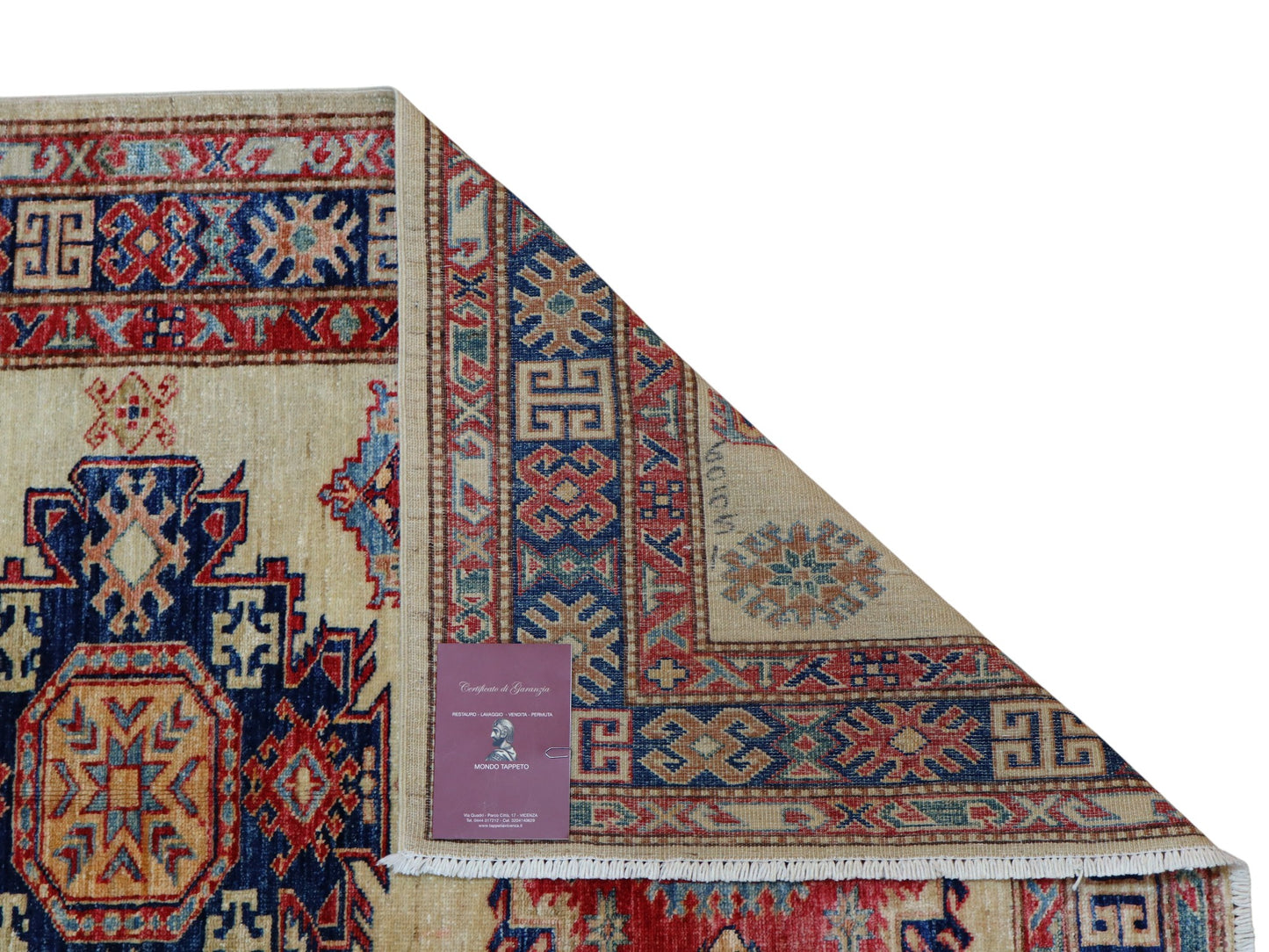 Tappeto Kazak 171x117 cm, annodato a mano in lana pregiata, motivi geometrici caucasici con medaglioni e bordura decorata.