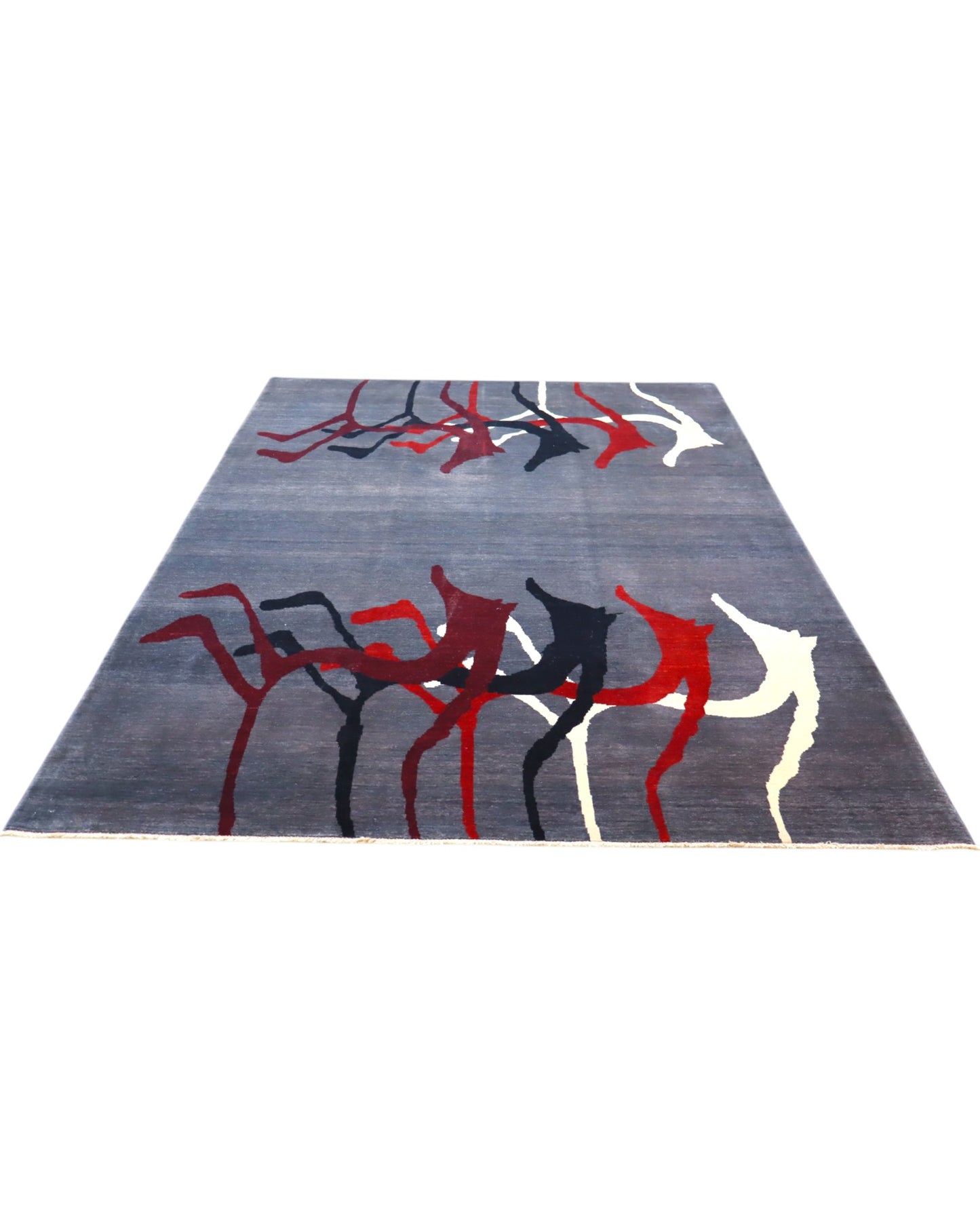 Tappeto Moderno persiano 293x200 cm con fondo grigio e motivi astratti in rosso, nero e avorio, tramato ed annodato a mano.