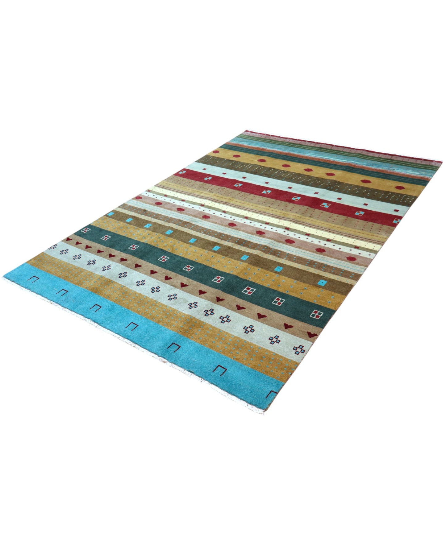 Tappeto Moderno persiano 276x185 cm con fasce multicolori in azzurro, beige, rosso e marrone, tramato ed annodato a mano.