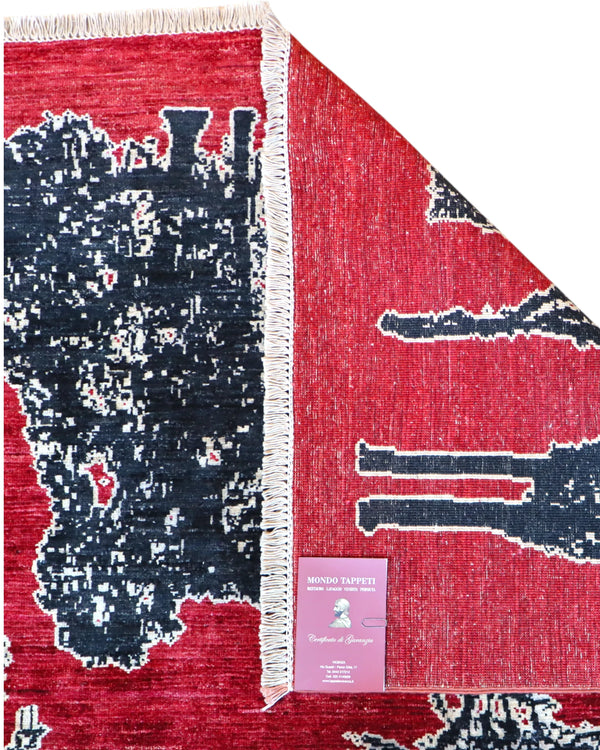 Tappeto moderno persiano 352x257 cm, annodato a mano, alberi stilizzati in varie forme su fondo rosso rubino, lana tinta vegetale, certificato incluso.