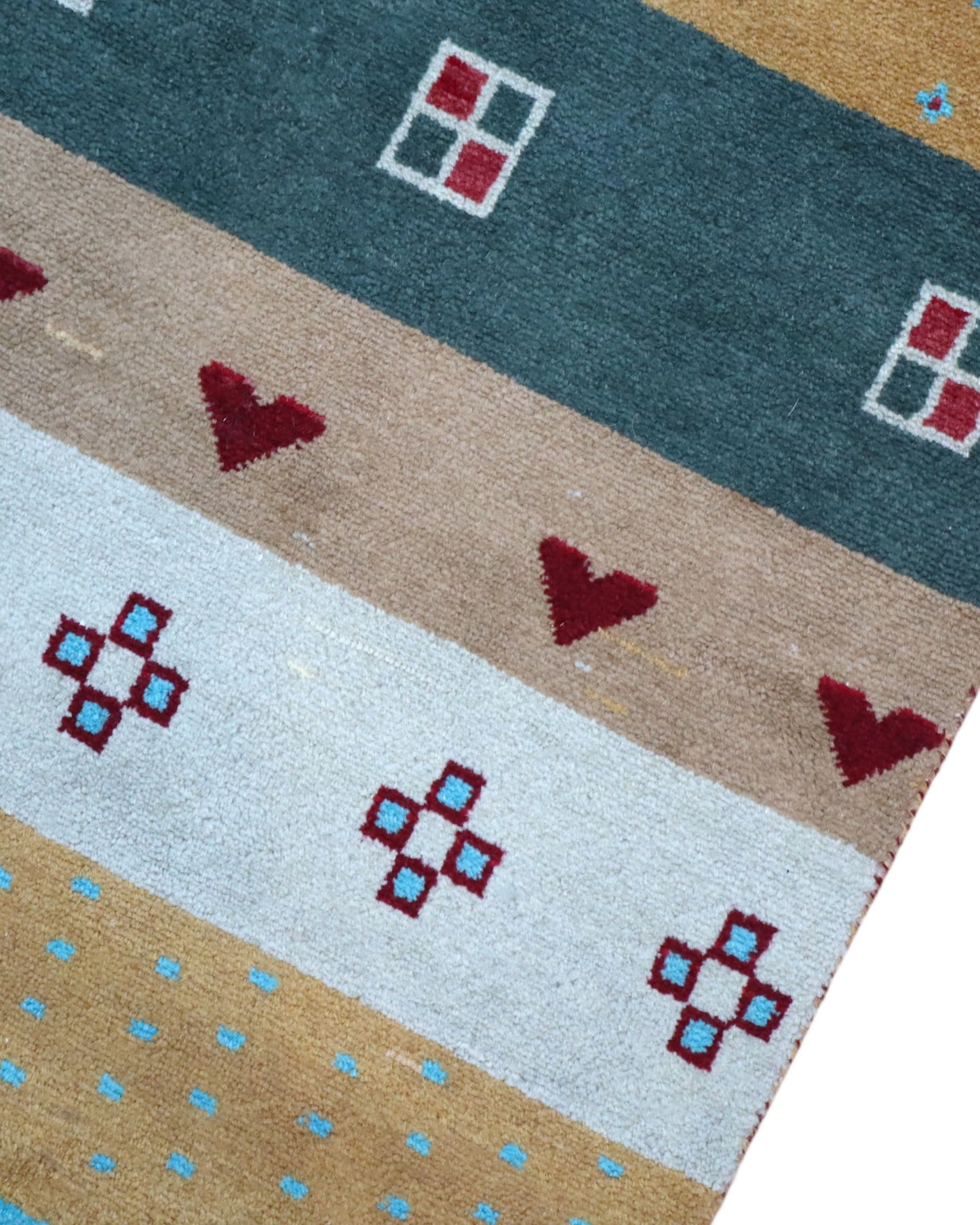 Tappeto Moderno persiano 276x185 cm con fasce multicolori in azzurro, beige, rosso e marrone, tramato ed annodato a mano.