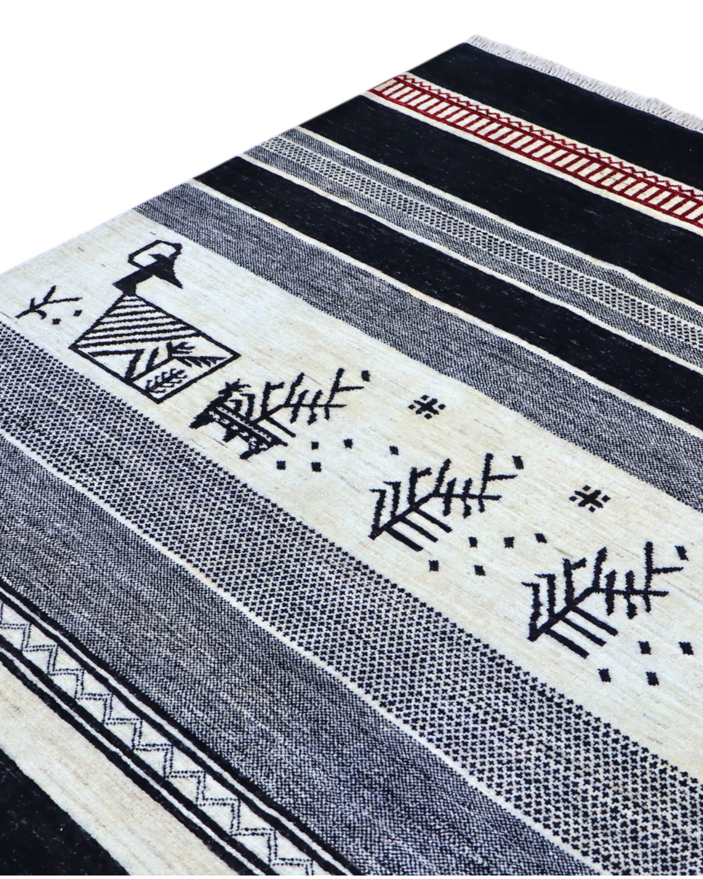 Tappeto Moderno 291x205 cm con fasce in nero, grigio e avorio e motivi stilizzati pastorali, tramato ed annodato a mano, provenienza