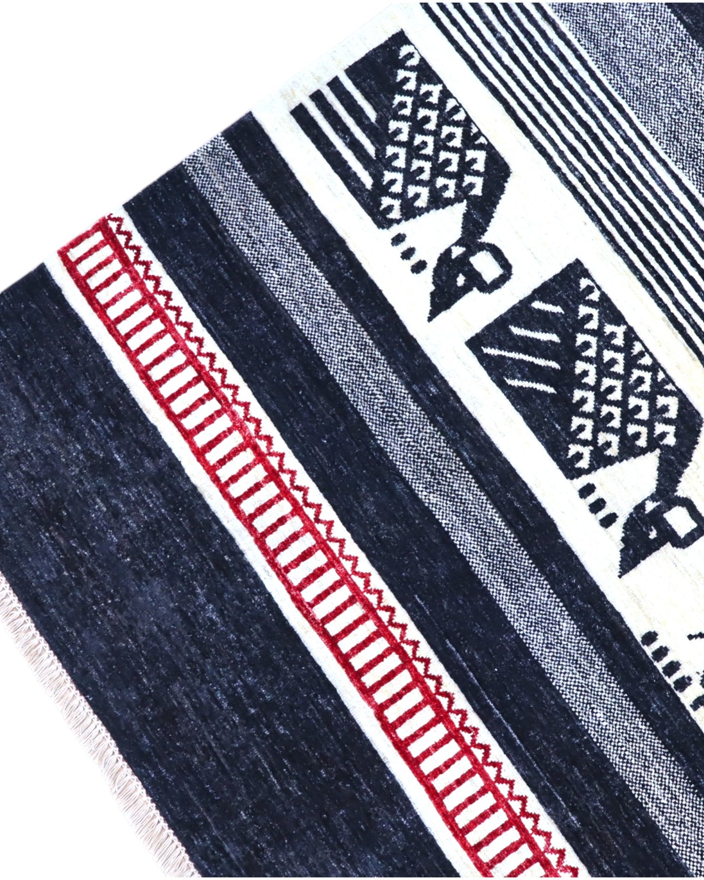 Tappeto Moderno 291x205 cm con fasce in nero, grigio e avorio e motivi stilizzati pastorali, tramato ed annodato a mano, provenienza