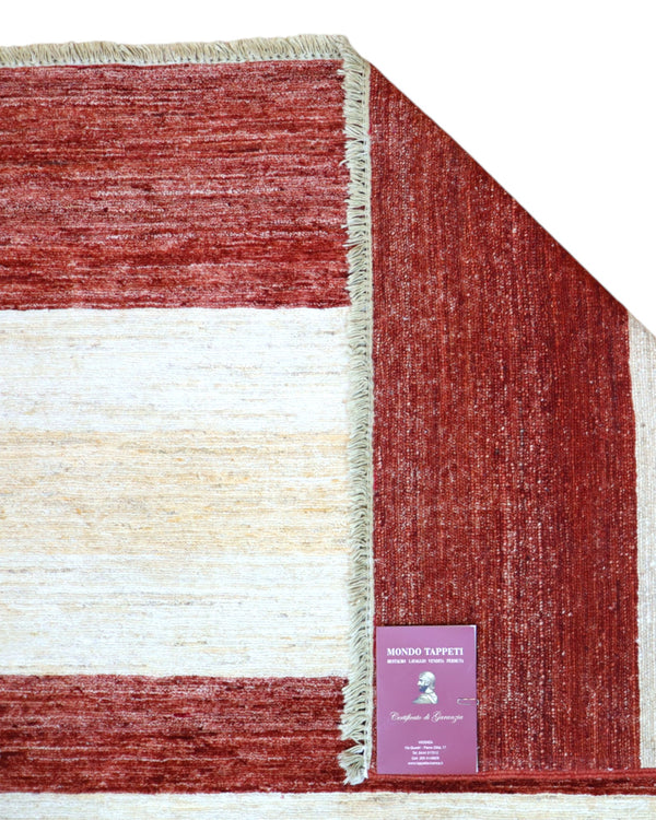 Tappeto Moderno persiano 300x200 cm con fondo bordeaux, fasce beige e fiore centrale avorio, tramato ed annodato a mano.