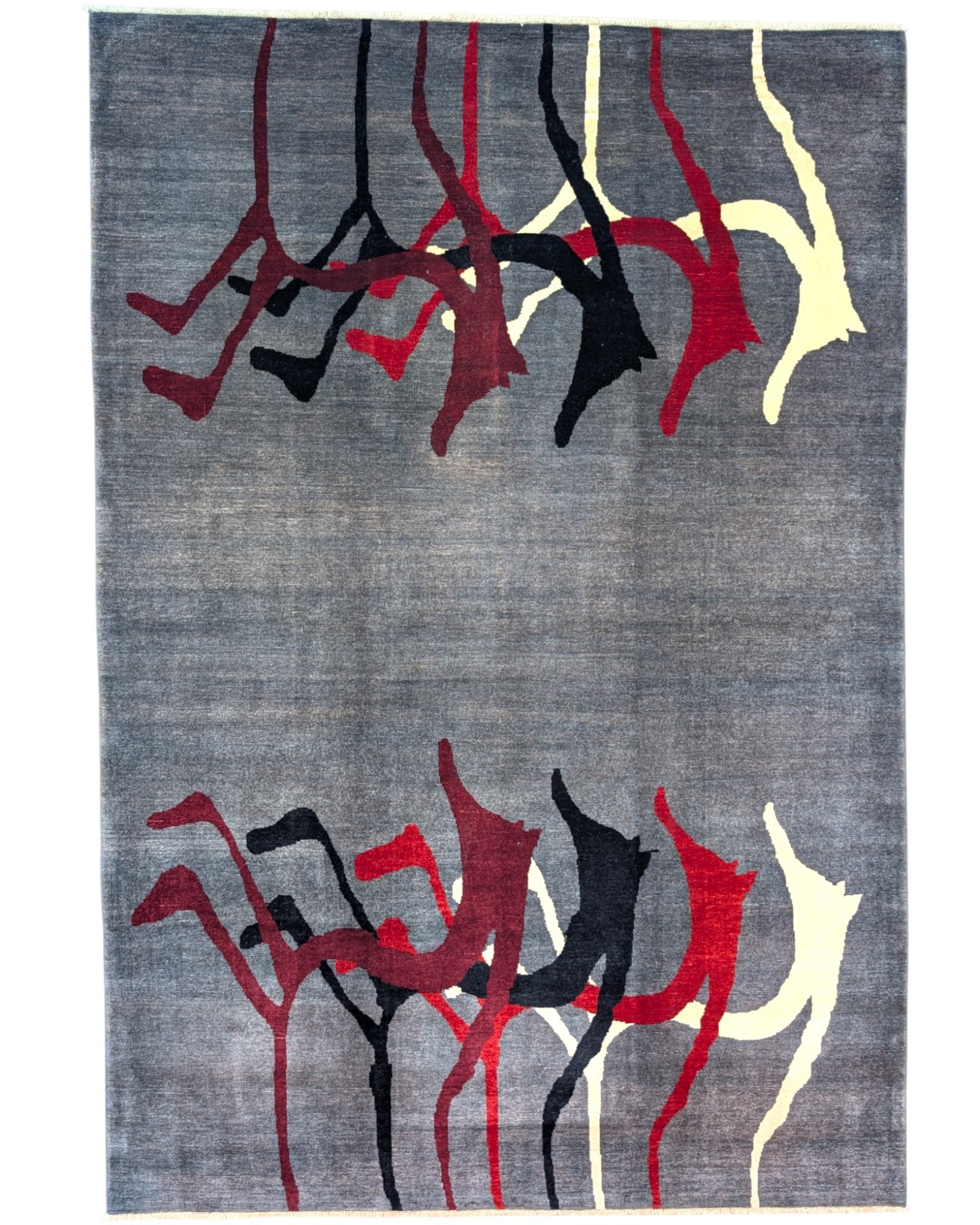 Tappeto Moderno persiano 293x200 cm con fondo grigio e motivi astratti in rosso, nero e avorio, tramato ed annodato a mano.