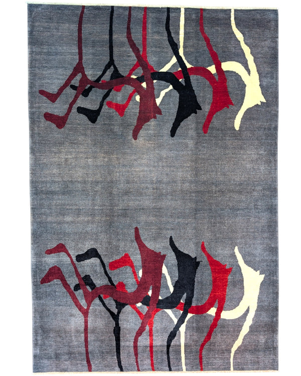 Tappeto Moderno persiano 293x200 cm con fondo grigio e motivi astratti in rosso, nero e avorio, tramato ed annodato a mano.