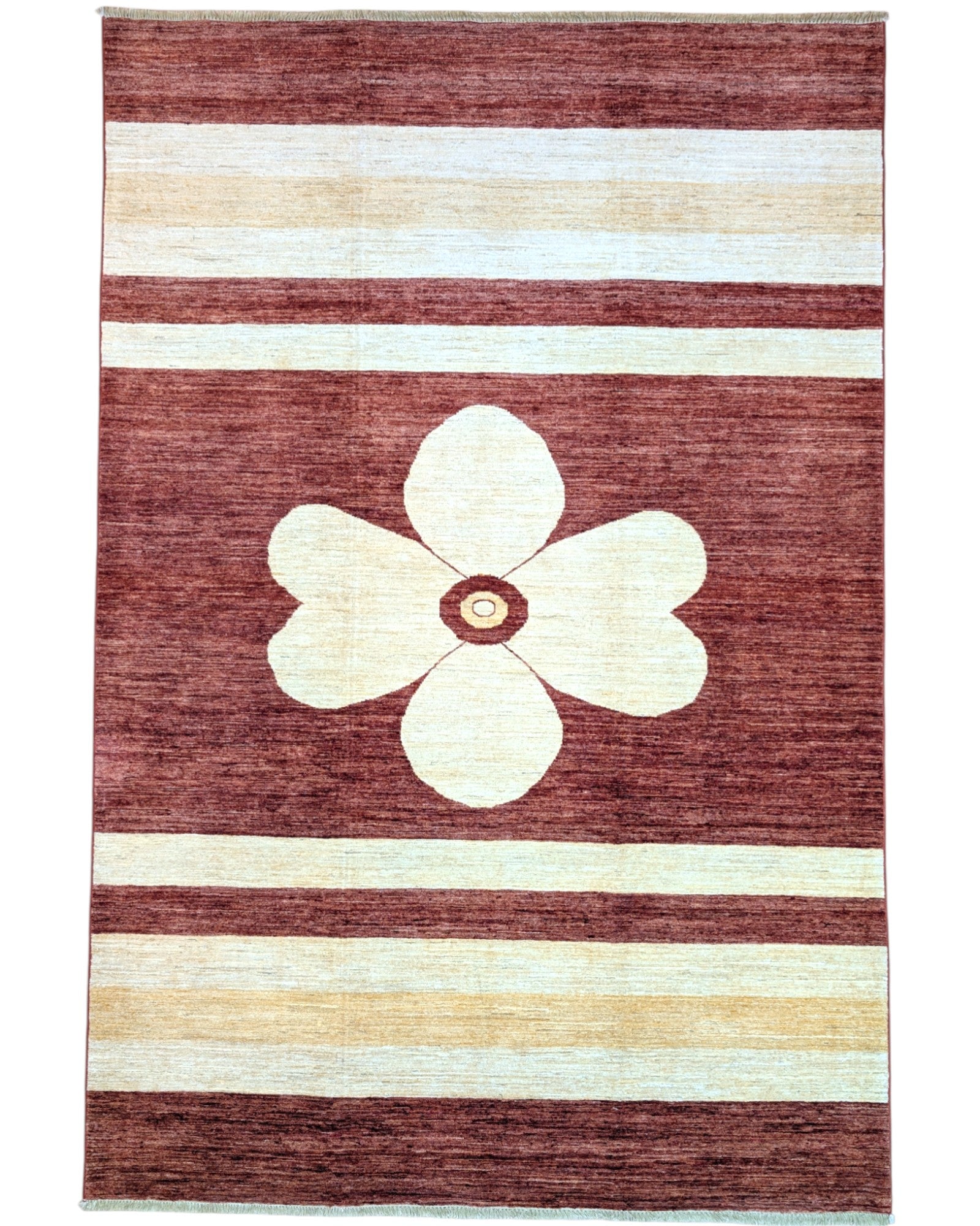Tappeto Moderno persiano 300x200 cm con fondo bordeaux, fasce beige e fiore centrale avorio, tramato ed annodato a mano.