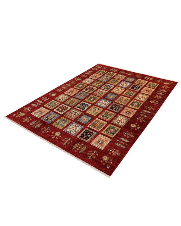 Tappeto Farahan “Fornelli” 241x180 cm, annodato a mano in Afghanistan, motivo a griglia con quadrati multicolore su fondo rosso intenso, lana tinta vegetale, certificato di autenticità.