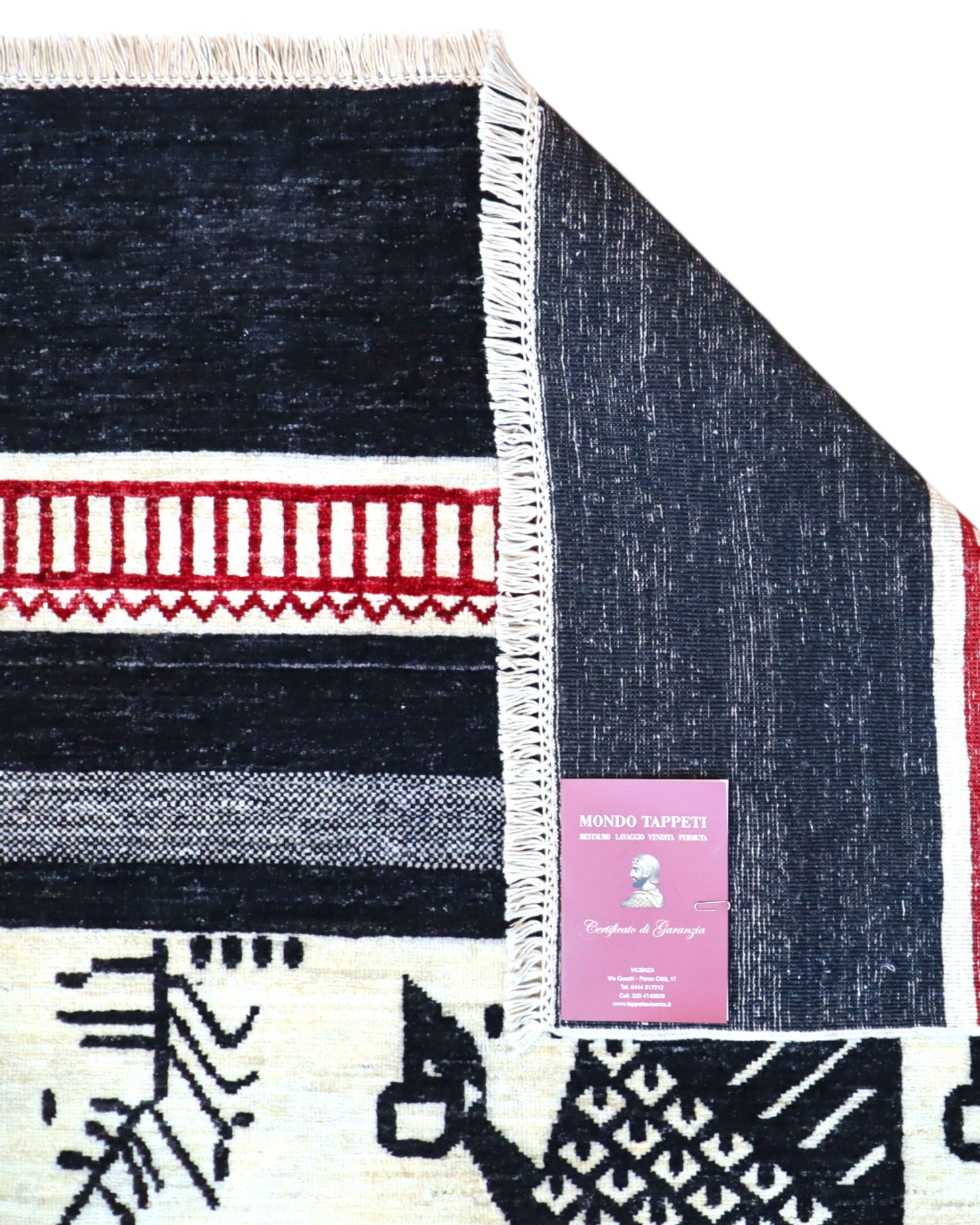 Tappeto Moderno 291x205 cm con fasce in nero, grigio e avorio e motivi stilizzati pastorali, tramato ed annodato a mano, provenienza