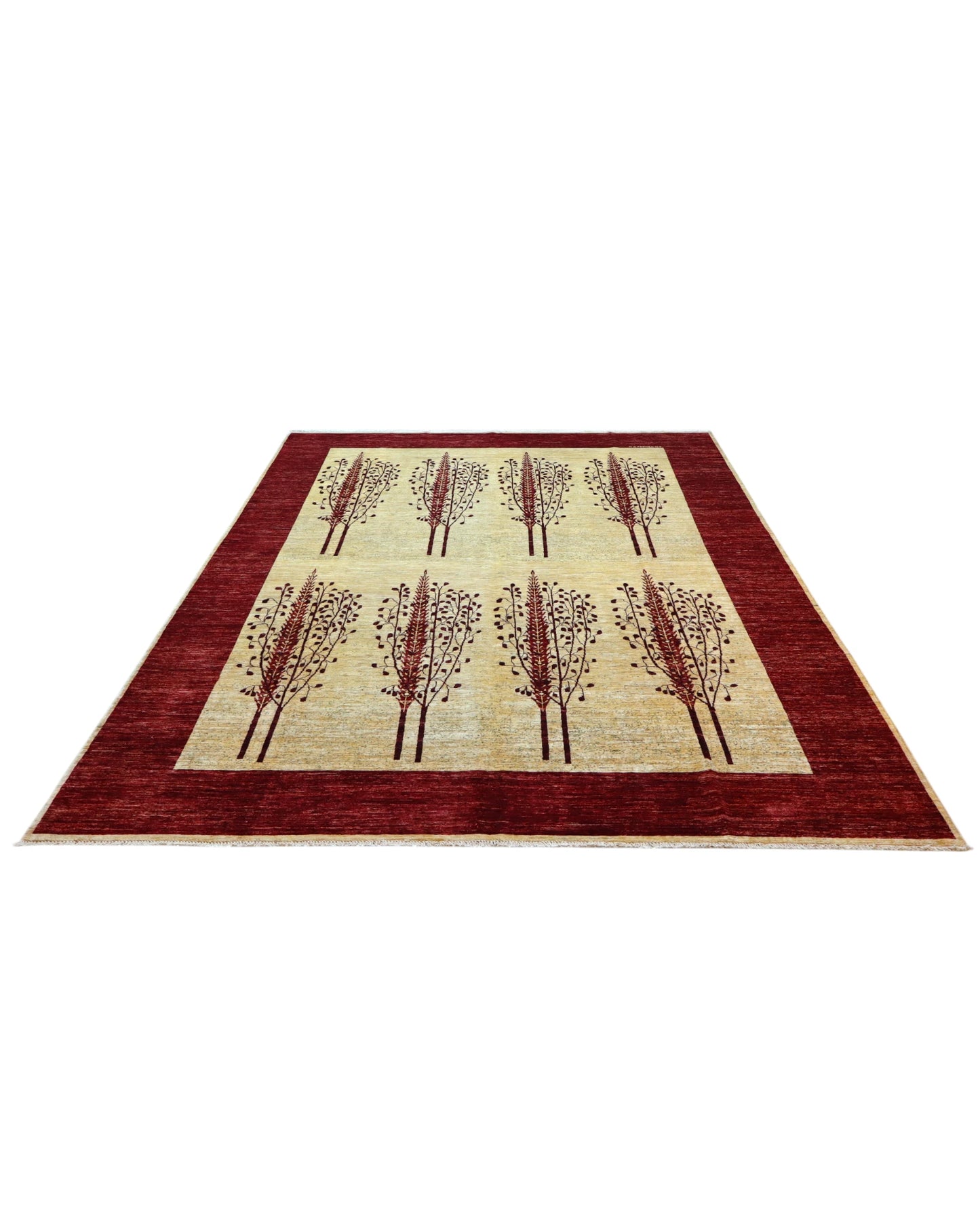 Tappeto Moderno 347x243 cm annodato a mano in lana e cotone con colori vegetali, design elegante beige e bordeaux.