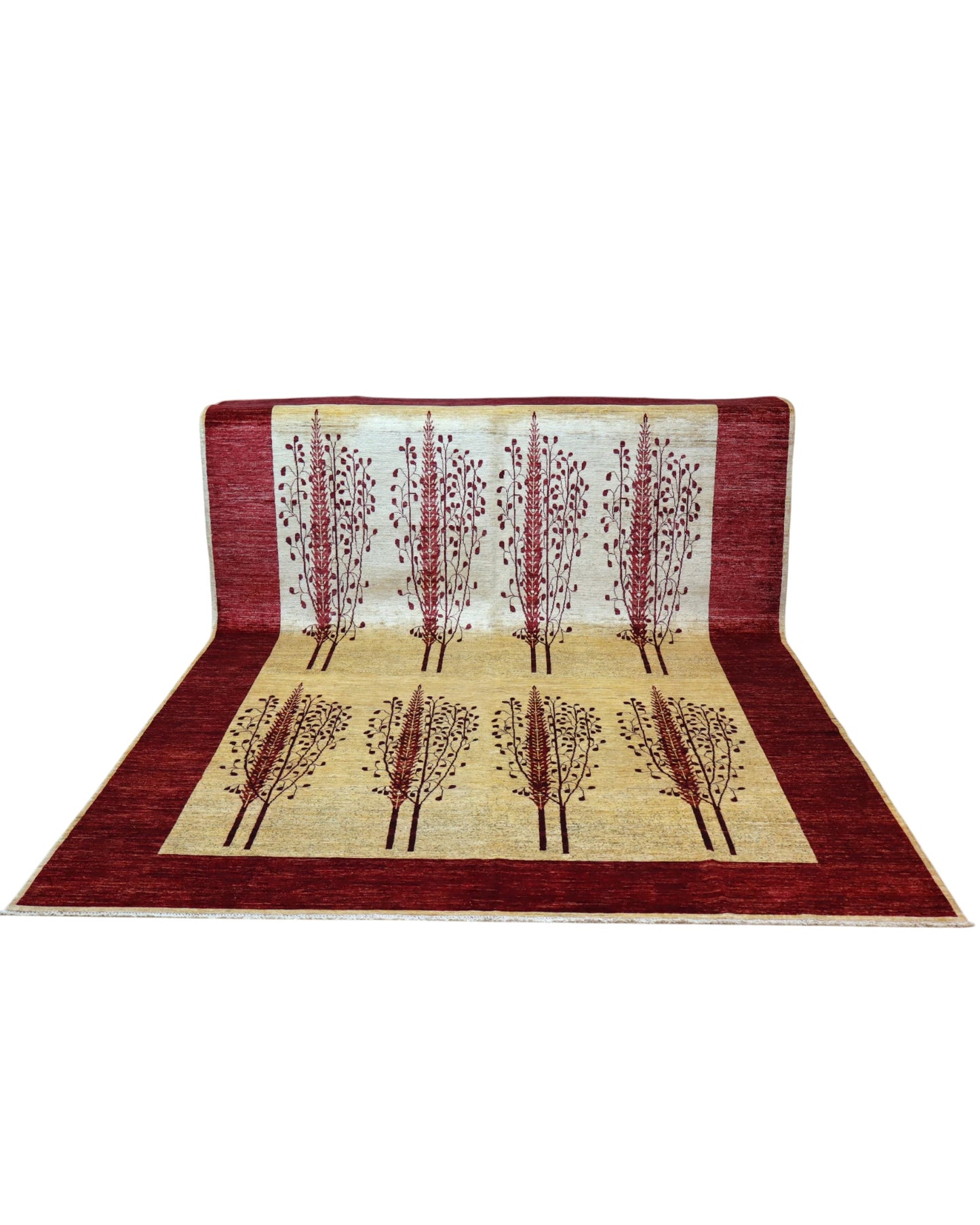 Tappeto Moderno 347x243 cm annodato a mano in lana e cotone con colori vegetali, design elegante beige e bordeaux.