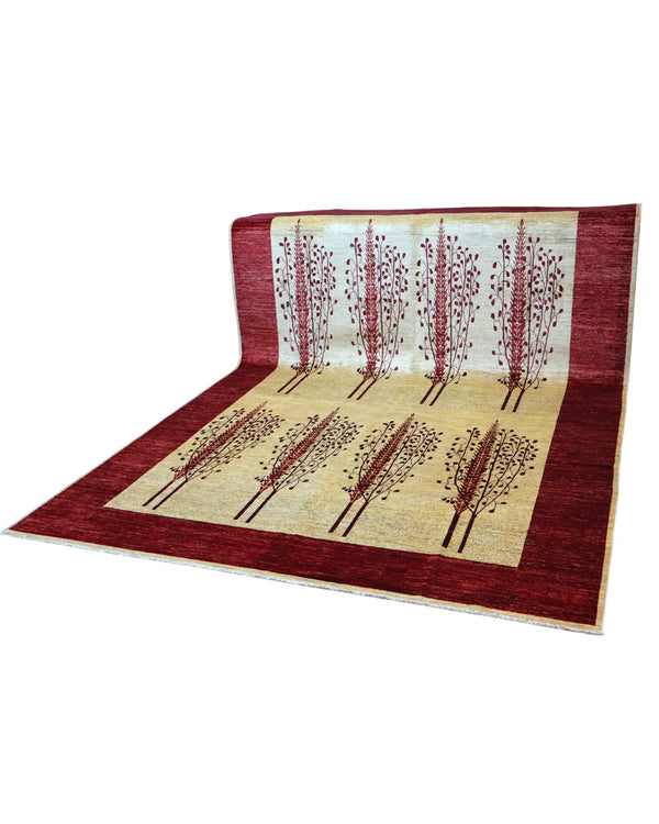 Tappeto Moderno 347x243 cm annodato a mano in lana e cotone con colori vegetali, design elegante beige e bordeaux.