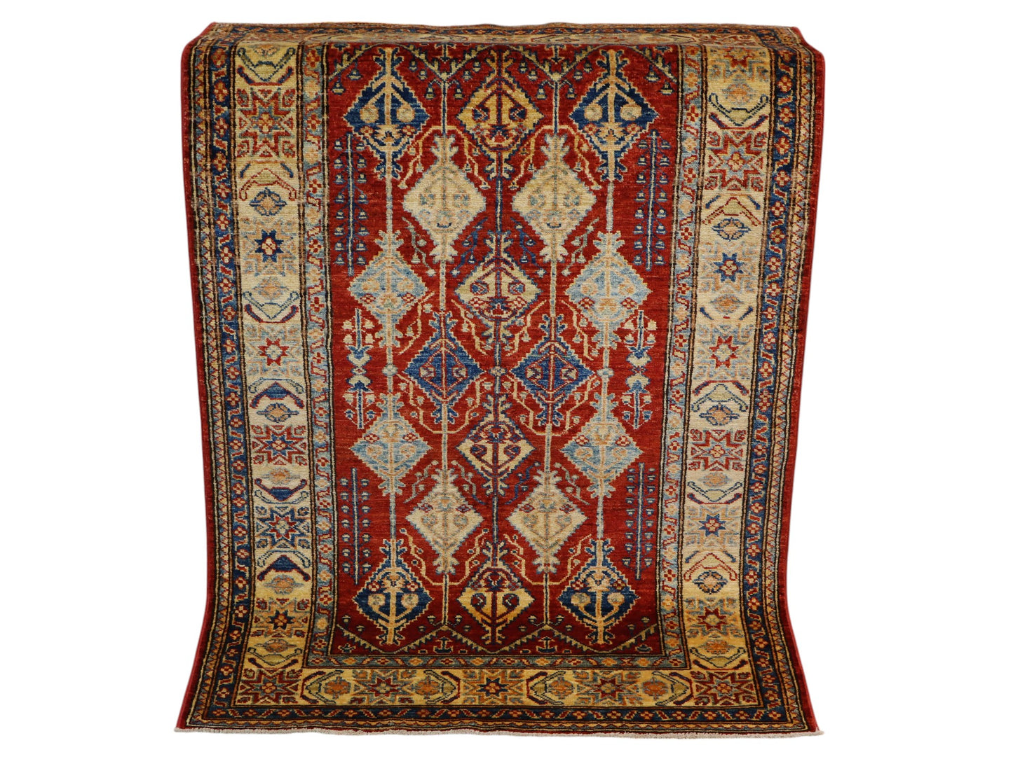 Tappeto Shirvan 154x102 cm, annodato a mano in Persia, fondo rosso con motivi geometrici blu, giallo e beige, lana pregiata e cotone resistente, certificato di autenticità incluso.