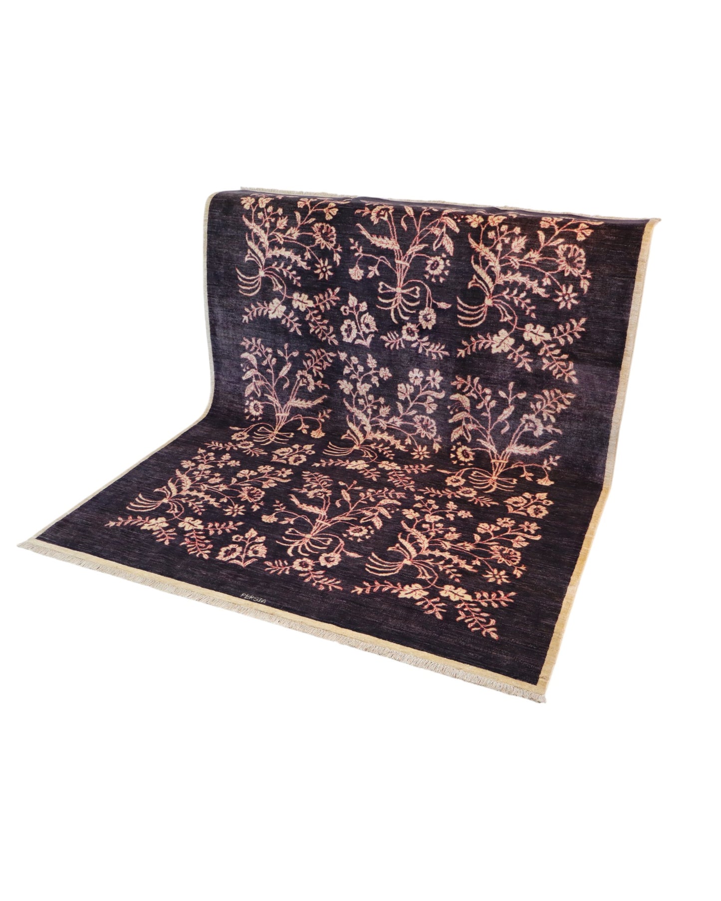 Tappeto moderno “Fiori di Darios” 236x183 cm, annodato a mano, fondo grigio scuro con motivi floreali e rametti beige/crema, lana tinta vegetale, certificato incluso.