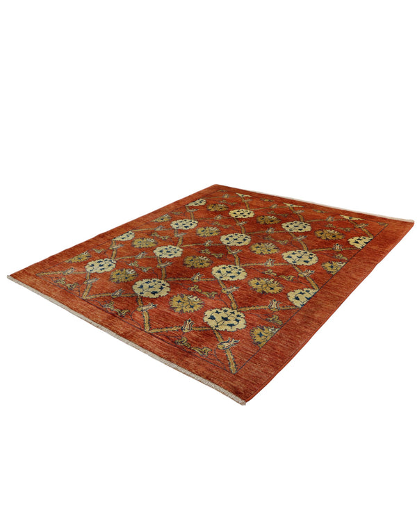 Tappeto contemporaneo 238x208 cm, fondo color mattone con motivi floreali e geometrici giallo/beige e blu, annodato a mano in Afghanistan, lana tinta vegetale, certificato di autenticità.