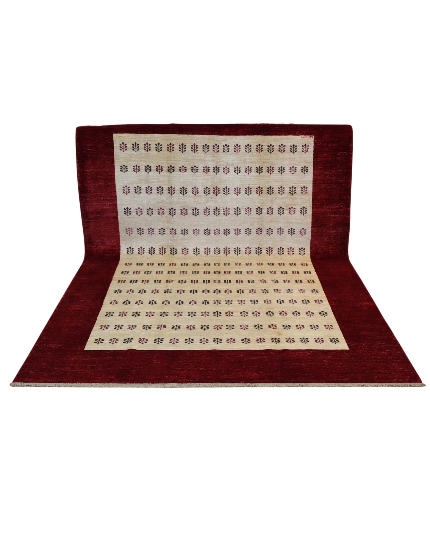 Tappeto moderno 278x197 cm Persia con bordo bordeaux e pannello centrale avorio a motivi geometrici, annodato a mano in lana naturale.