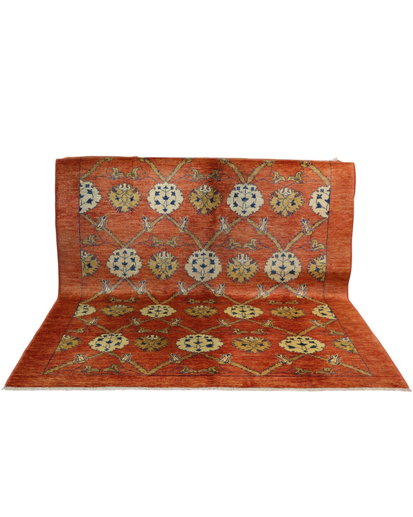 Tappeto contemporaneo 238x208 cm, fondo color mattone con motivi floreali e geometrici giallo/beige e blu, annodato a mano in Afghanistan, lana tinta vegetale, certificato di autenticità.