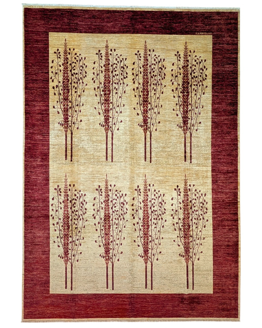 Tappeto Moderno 347x243 cm annodato a mano in lana e cotone con colori vegetali, design elegante beige e bordeaux.