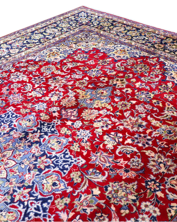tappeto persiano Najafabad annodato a mano 400x213 cm rosso con medaglione centrale blu e motivi floreali
