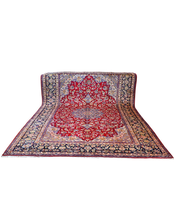 tappeto persiano Najafabad annodato a mano 400x213 cm rosso con medaglione centrale blu e motivi floreali