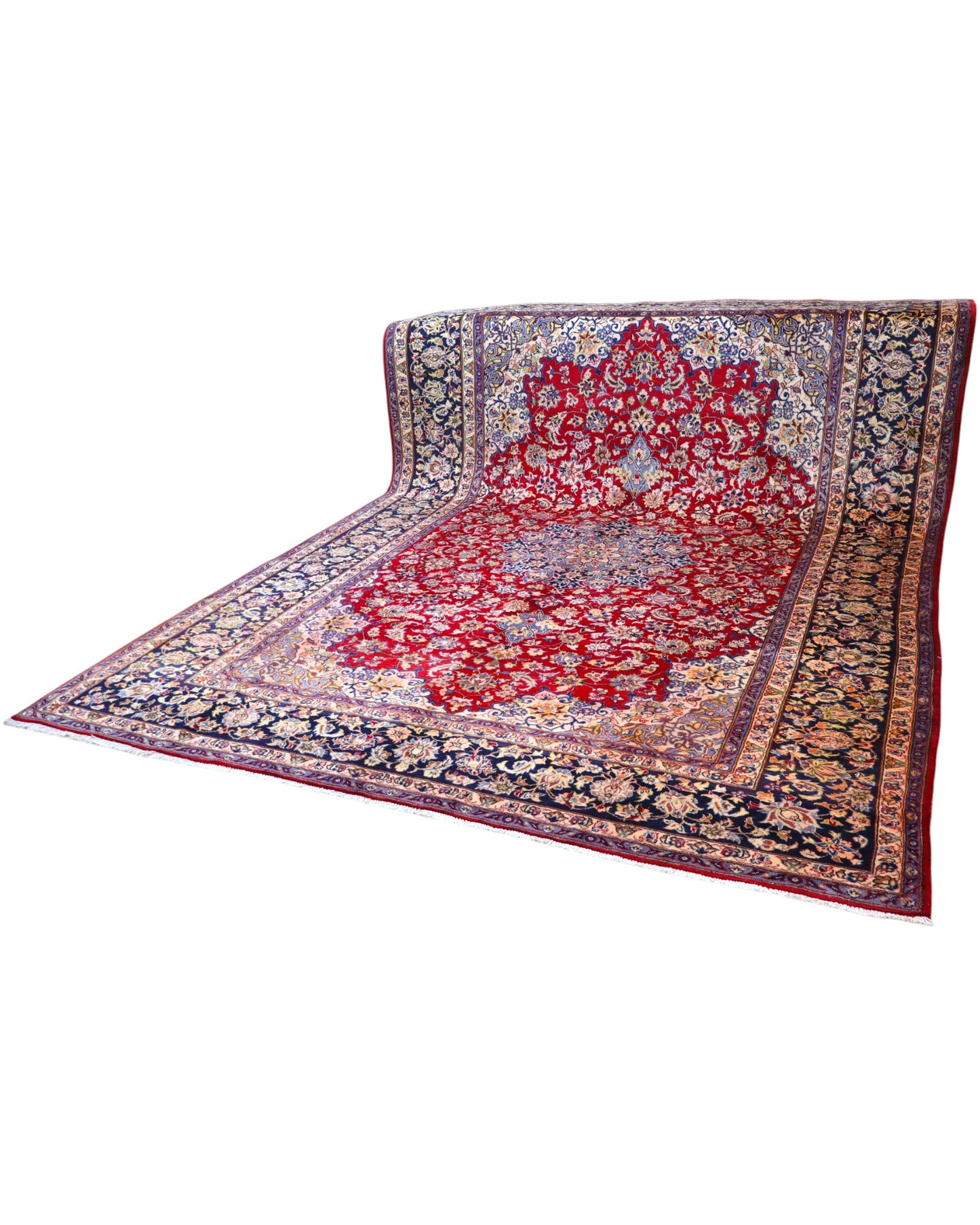 tappeto persiano Najafabad annodato a mano 400x213 cm rosso con medaglione centrale blu e motivi floreali