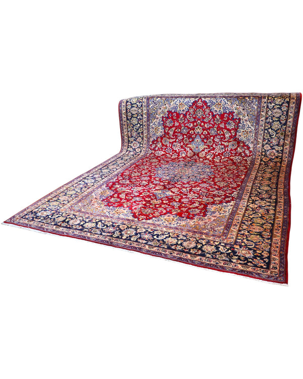 tappeto persiano Najafabad annodato a mano 400x213 cm rosso con medaglione centrale blu e motivi floreali