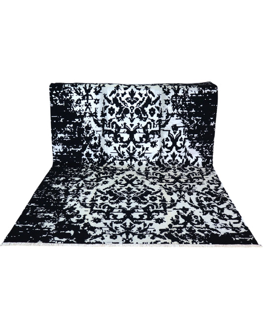 Tappeto 292x202 cm nero e avorio con motivo vintage per soggiorno elegante.