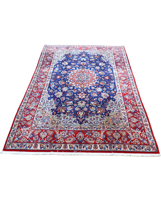 Tappeto blu e rosso 247x156 cm con medaglione, ideale per camere da letto.