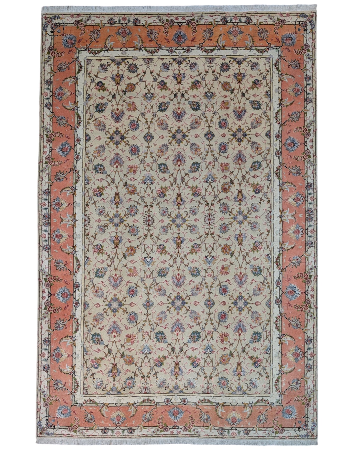 Elegante tappeto Tabriz annodato a mano, 300x200 cm, in cotone e lana con seta. Design avorio a 60 Raj, proveniente da Tabriz, Persia.