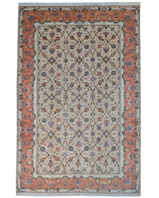 Elegante tappeto Tabriz annodato a mano, 300x200 cm, in cotone e lana con seta. Design avorio a 60 Raj, proveniente da Tabriz, Persia.